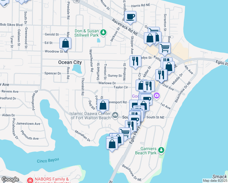 map of restaurants, bars, coffee shops, grocery stores, and more near 515 Marlowe Drive in Fort Walton Beach