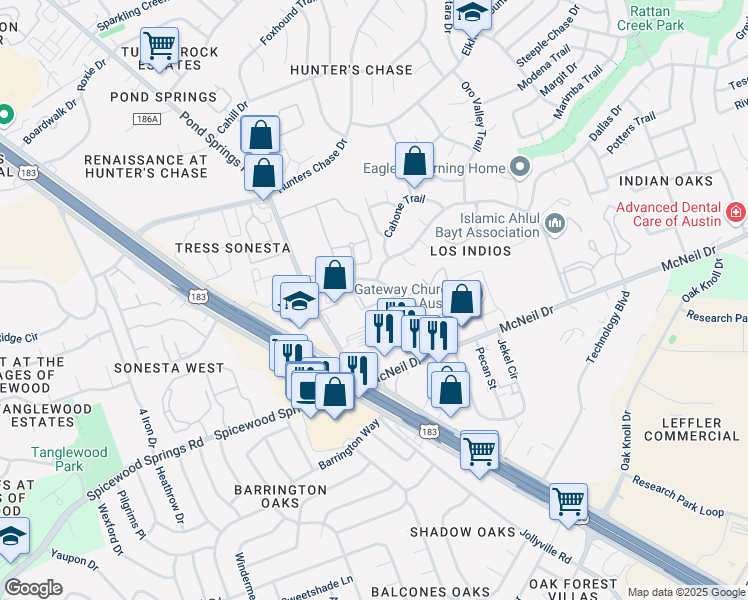 map of restaurants, bars, coffee shops, grocery stores, and more near 7905 San Felipe Boulevard in Austin