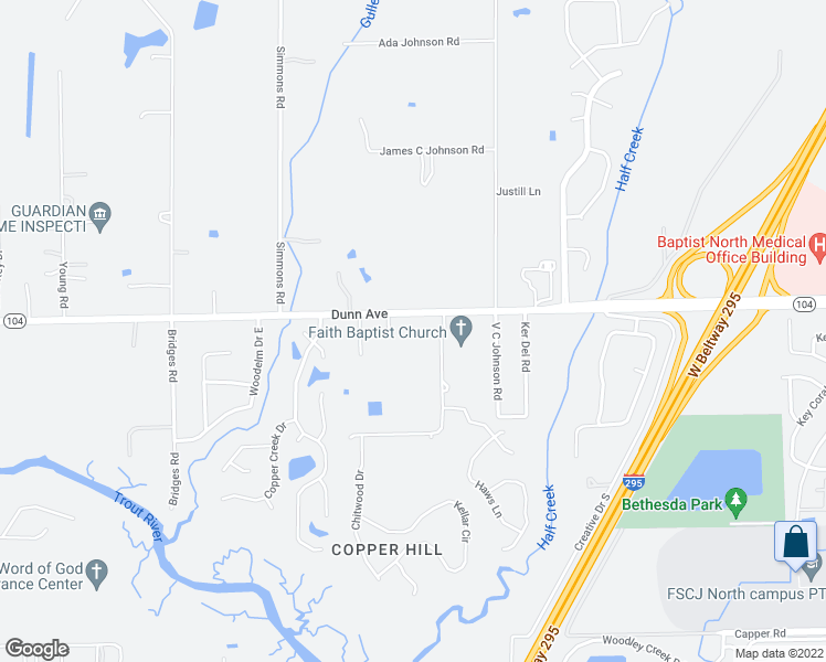 map of restaurants, bars, coffee shops, grocery stores, and more near 5518 Florida 104 in Jacksonville