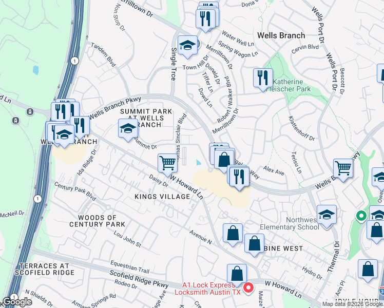 map of restaurants, bars, coffee shops, grocery stores, and more near 14011 Thomas Sinclair Boulevard in Austin