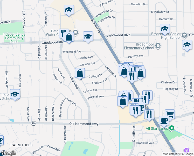 map of restaurants, bars, coffee shops, grocery stores, and more near 8931 Cottage Drive in Baton Rouge
