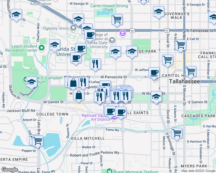 map of restaurants, bars, coffee shops, grocery stores, and more near 641 Saint Augustine Street in Tallahassee