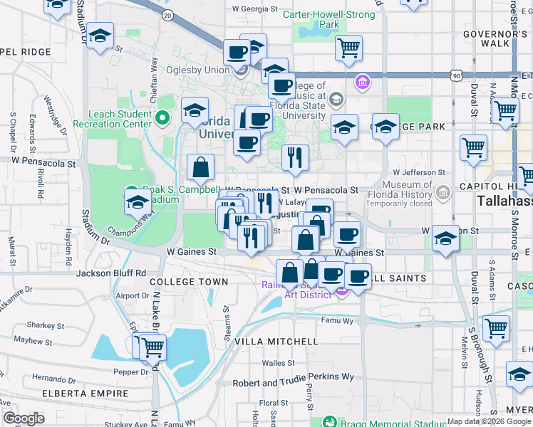 map of restaurants, bars, coffee shops, grocery stores, and more near 739 West Lafayette Street in Tallahassee
