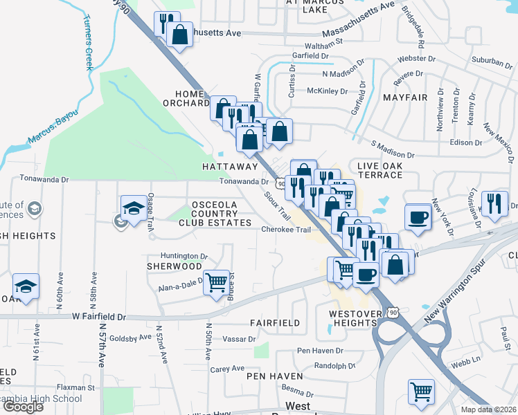 map of restaurants, bars, coffee shops, grocery stores, and more near 16 Sioux Trail in Pensacola