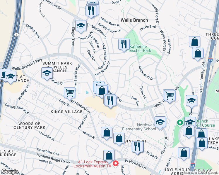 map of restaurants, bars, coffee shops, grocery stores, and more near 14219 Anita Marie Lane in Austin