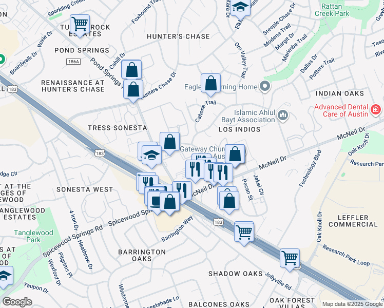 map of restaurants, bars, coffee shops, grocery stores, and more near 7905 San Felipe Boulevard in Austin