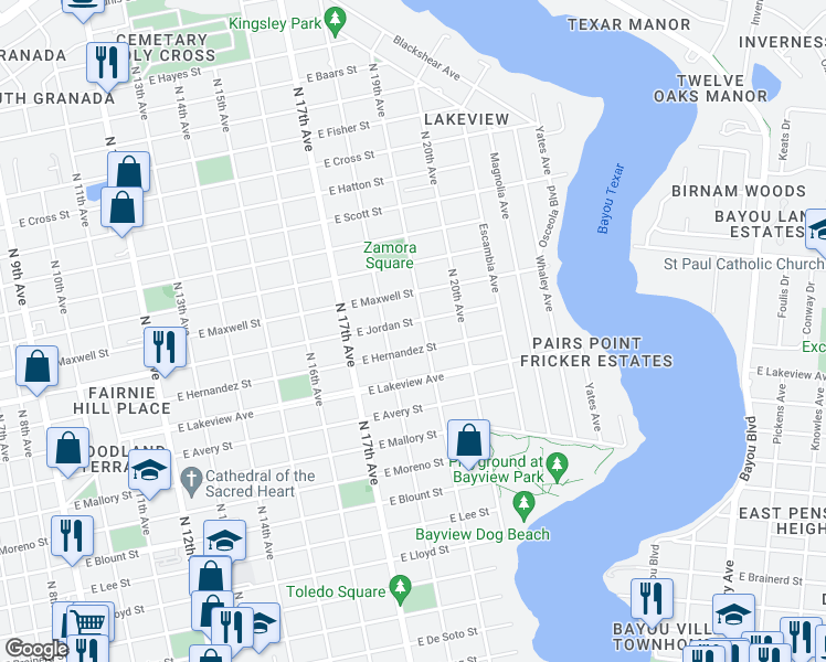 map of restaurants, bars, coffee shops, grocery stores, and more near 1817 East Jordan Street in Pensacola