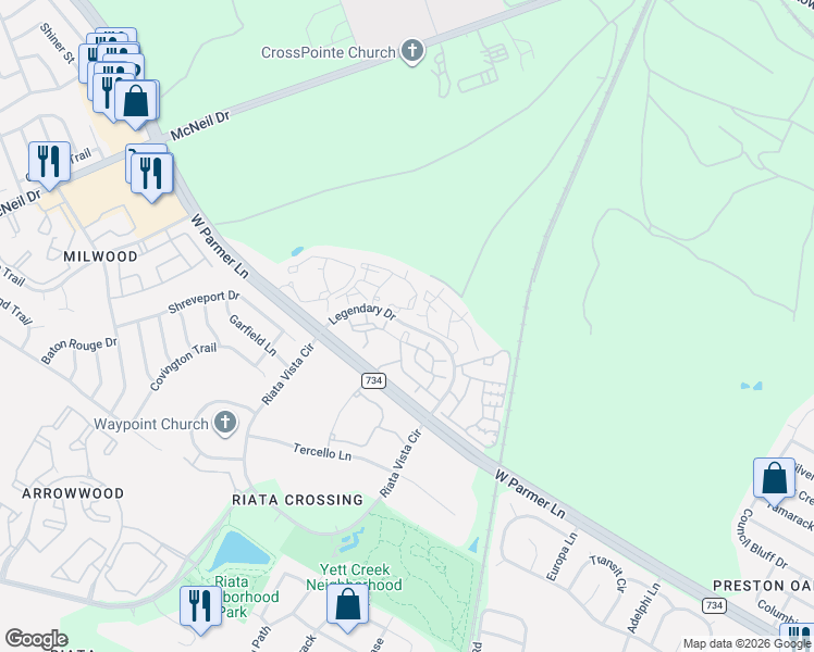 map of restaurants, bars, coffee shops, grocery stores, and more near Legendary Drive in Austin