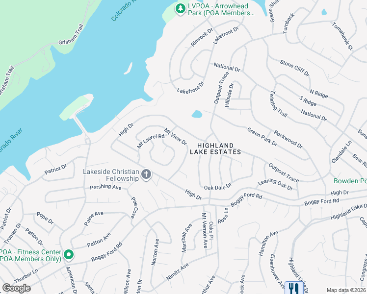 map of restaurants, bars, coffee shops, grocery stores, and more near 21331 Mount View Drive in Lago Vista