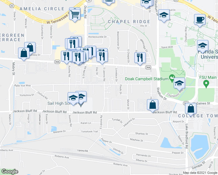 map of restaurants, bars, coffee shops, grocery stores, and more near 303 South Lipona Road in Tallahassee