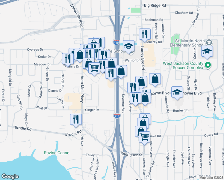 map of restaurants, bars, coffee shops, grocery stores, and more near 10409 Boney Avenue in D'Iberville