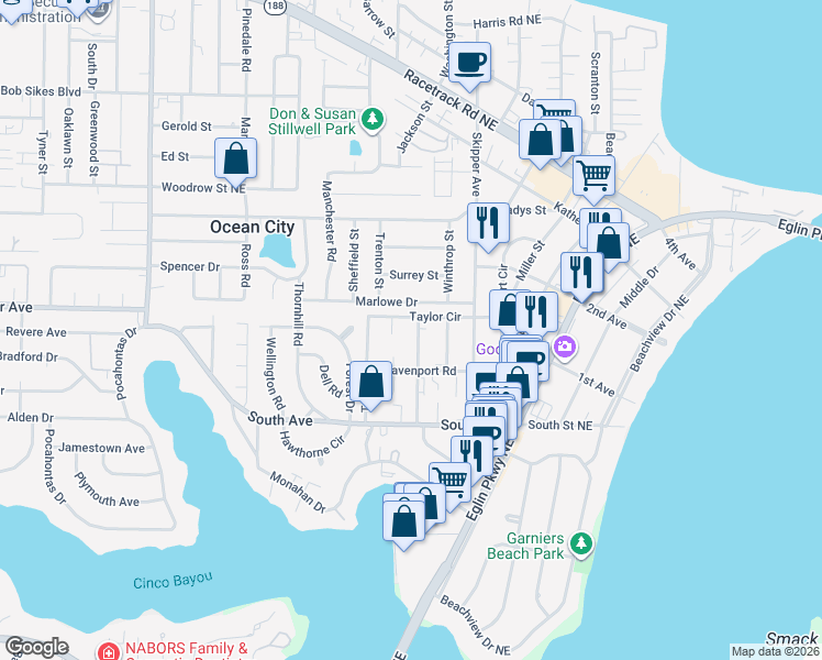 map of restaurants, bars, coffee shops, grocery stores, and more near 515 Marlowe Drive in Fort Walton Beach