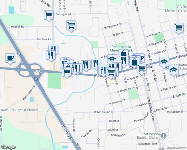 map of restaurants, bars, coffee shops, grocery stores, and more near 510 West Pine Street in Ponchatoula