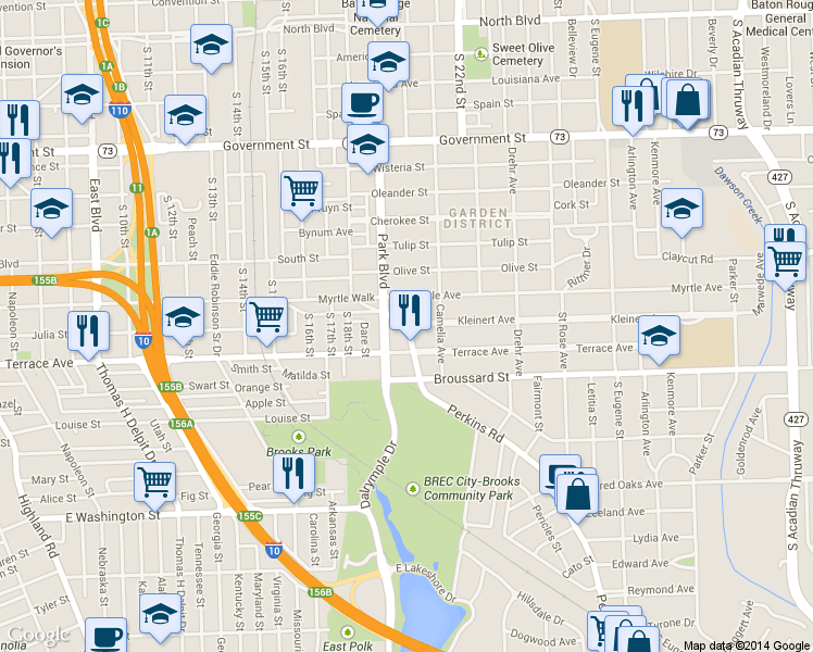 map of restaurants, bars, coffee shops, grocery stores, and more near Perkins Rd & Kleinert Ave in Baton Rouge