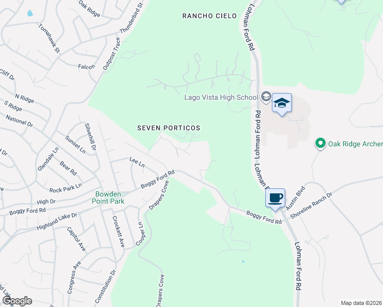map of restaurants, bars, coffee shops, grocery stores, and more near 19909 Victoria Chase in Lago Vista