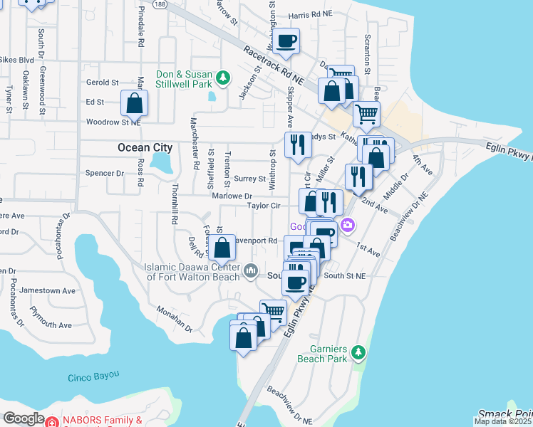 map of restaurants, bars, coffee shops, grocery stores, and more near 357 Woodham Court in Fort Walton Beach