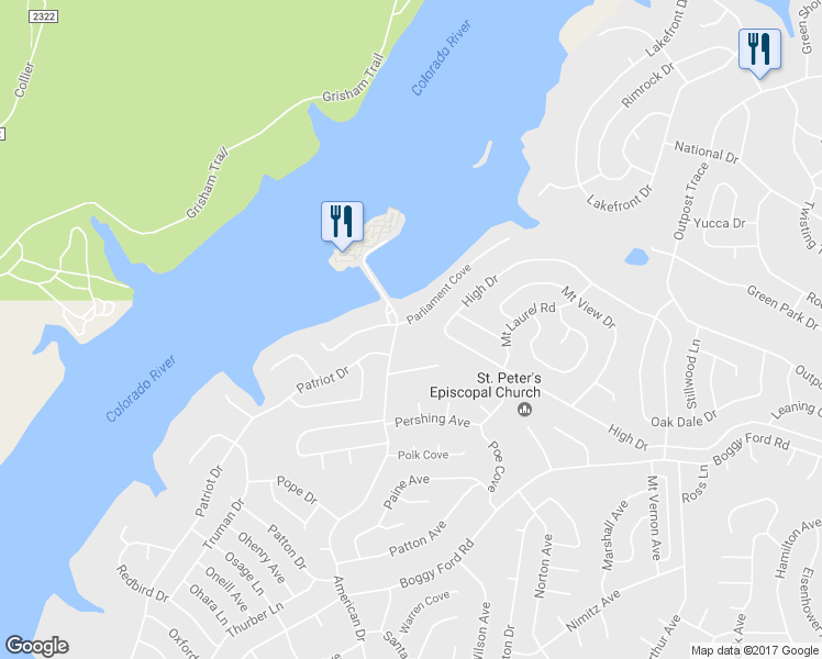 map of restaurants, bars, coffee shops, grocery stores, and more near 3403 Parliament Cove in Lago Vista