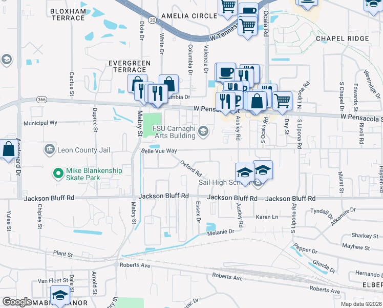 map of restaurants, bars, coffee shops, grocery stores, and more near 2231 Belle Vue Way in Tallahassee