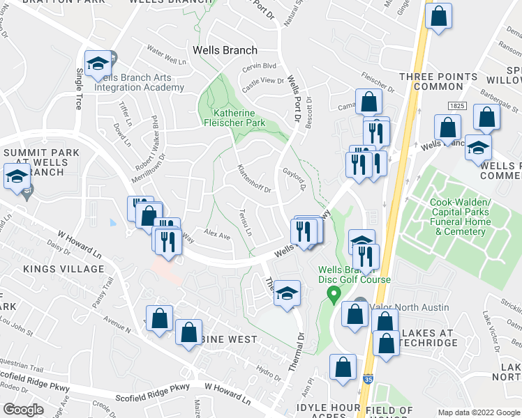 map of restaurants, bars, coffee shops, grocery stores, and more near 1809 Gaylord Drive in Austin