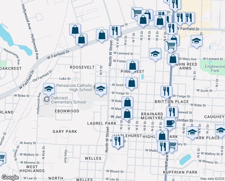 map of restaurants, bars, coffee shops, grocery stores, and more near 2895 West Scott Street in Pensacola