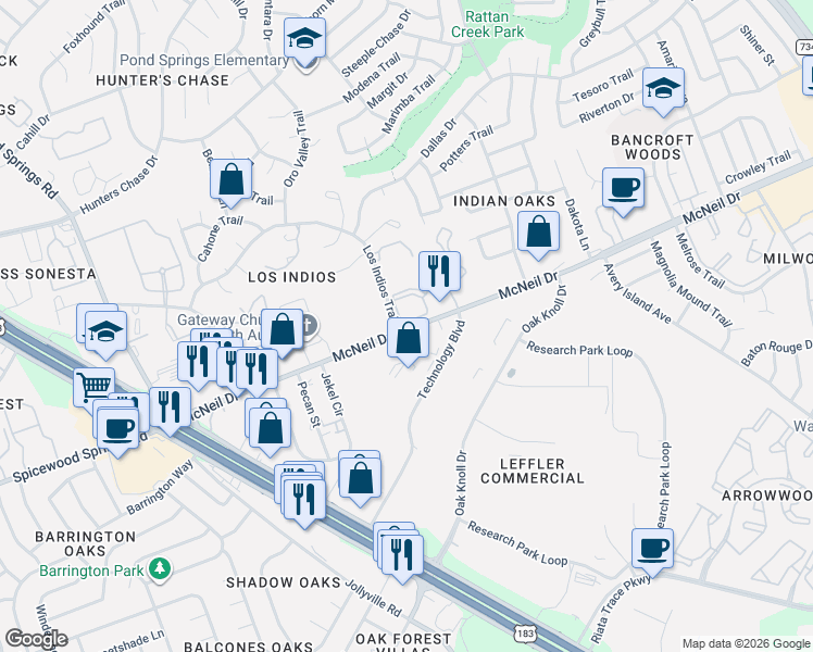 map of restaurants, bars, coffee shops, grocery stores, and more near 6880-6898 McNeil Drive in Austin