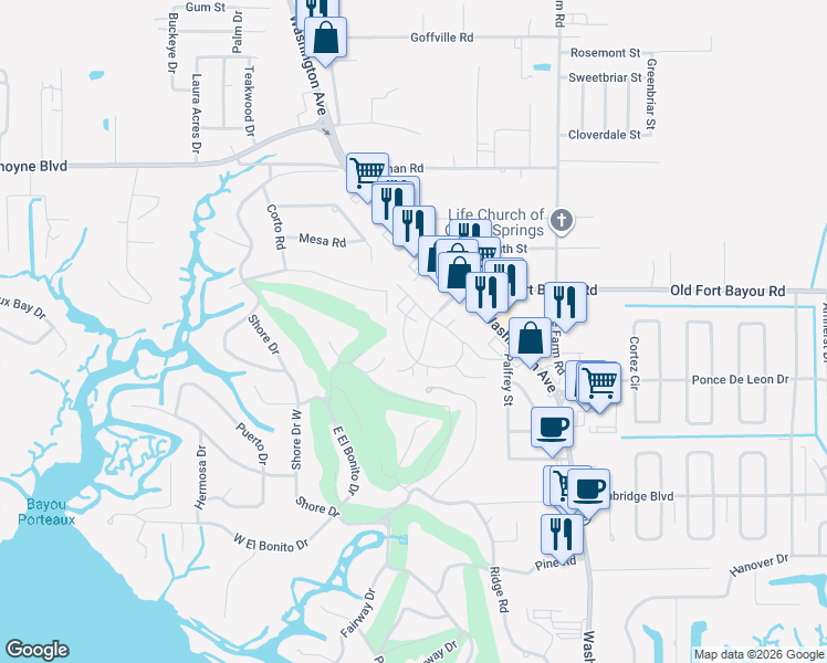 map of restaurants, bars, coffee shops, grocery stores, and more near 6721 Washington Avenue in Ocean Springs