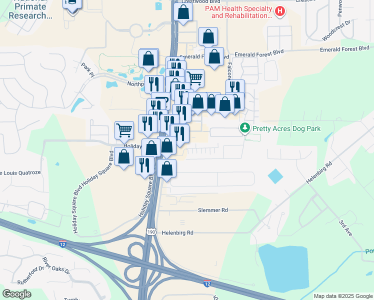 map of restaurants, bars, coffee shops, grocery stores, and more near 53 Hollycrest Boulevard in Covington
