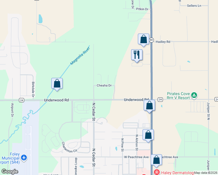 map of restaurants, bars, coffee shops, grocery stores, and more near 14643 Niagara Court in Foley