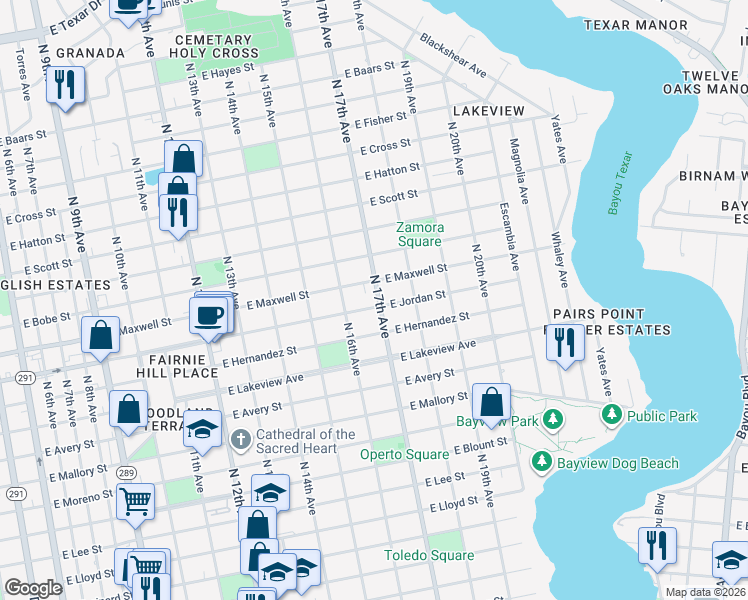 map of restaurants, bars, coffee shops, grocery stores, and more near 1701 East Maxwell Street in Pensacola