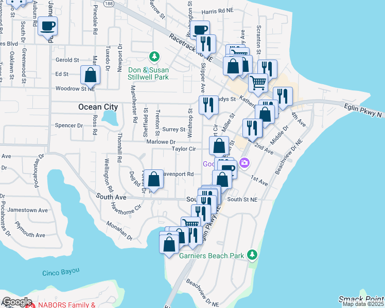 map of restaurants, bars, coffee shops, grocery stores, and more near 349 Woodham Court in Fort Walton Beach