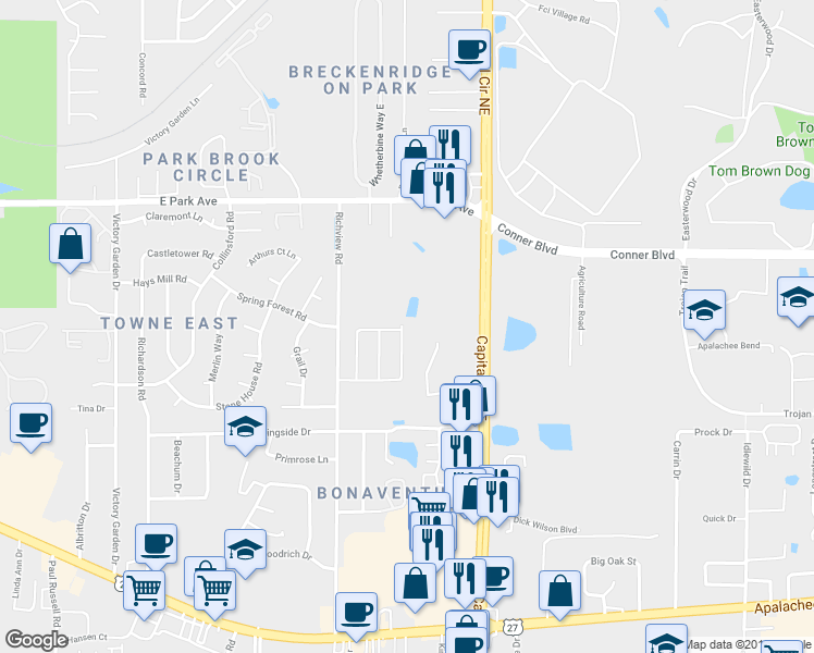 map of restaurants, bars, coffee shops, grocery stores, and more near 381 Richview Park Circle East in Tallahassee