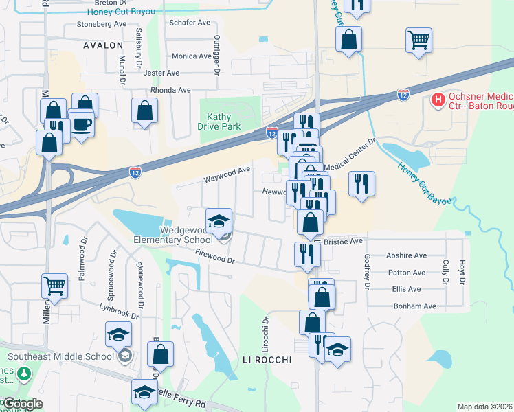 map of restaurants, bars, coffee shops, grocery stores, and more near 2124 Deerwood Drive in Baton Rouge