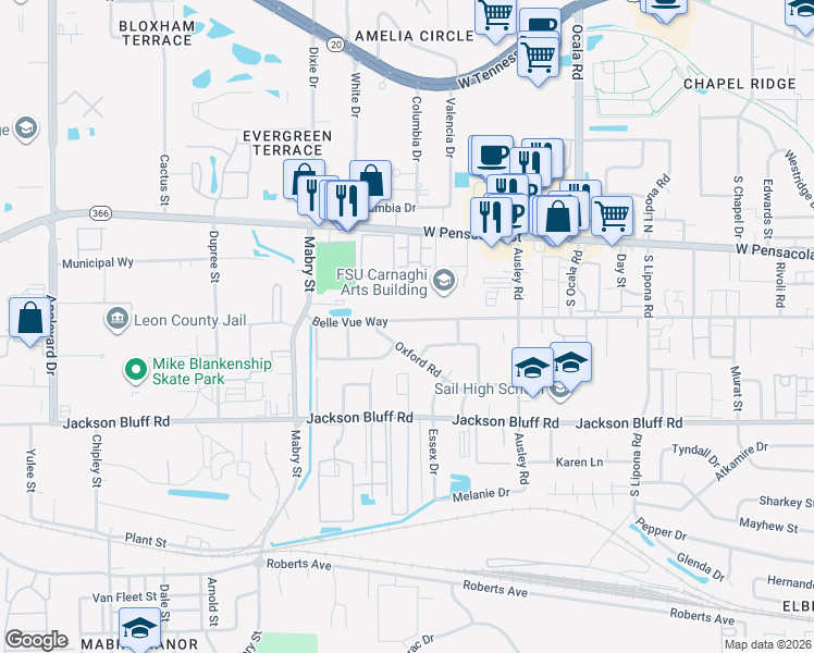 map of restaurants, bars, coffee shops, grocery stores, and more near 2231 Belle Vue Way in Tallahassee