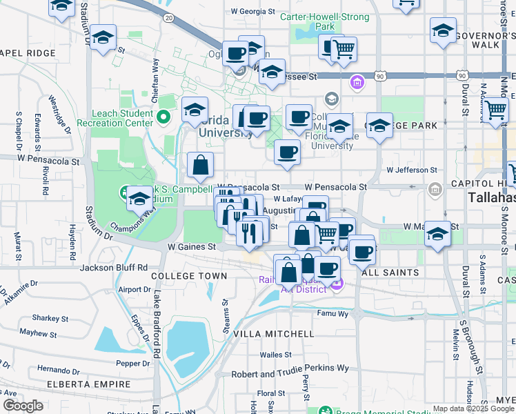map of restaurants, bars, coffee shops, grocery stores, and more near 750 Saint Augustine Street in Tallahassee