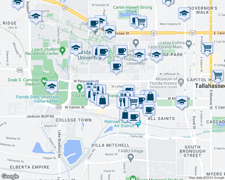 map of restaurants, bars, coffee shops, grocery stores, and more near 716 St Augustine St in Tallahassee
