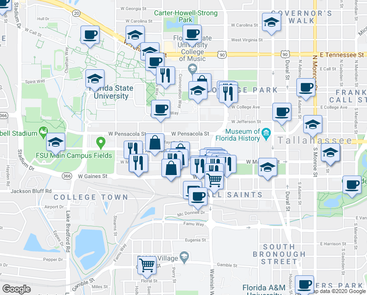 map of restaurants, bars, coffee shops, grocery stores, and more near 628 Saint Augustine Street in Tallahassee