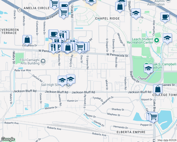 map of restaurants, bars, coffee shops, grocery stores, and more near 301 South Lipona Road in Tallahassee