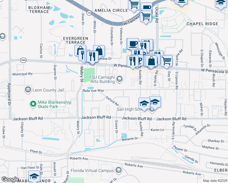 map of restaurants, bars, coffee shops, grocery stores, and more near 2207 Belle Vue Way in Tallahassee
