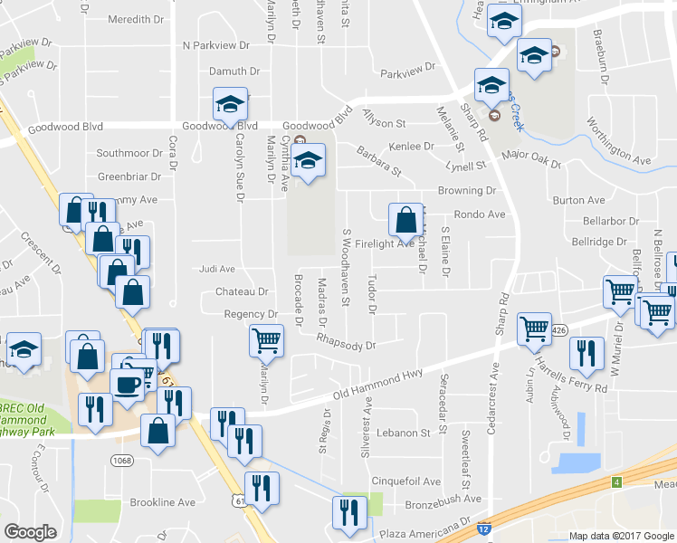 map of restaurants, bars, coffee shops, grocery stores, and more near 1620 South Woodhaven Street in Baton Rouge