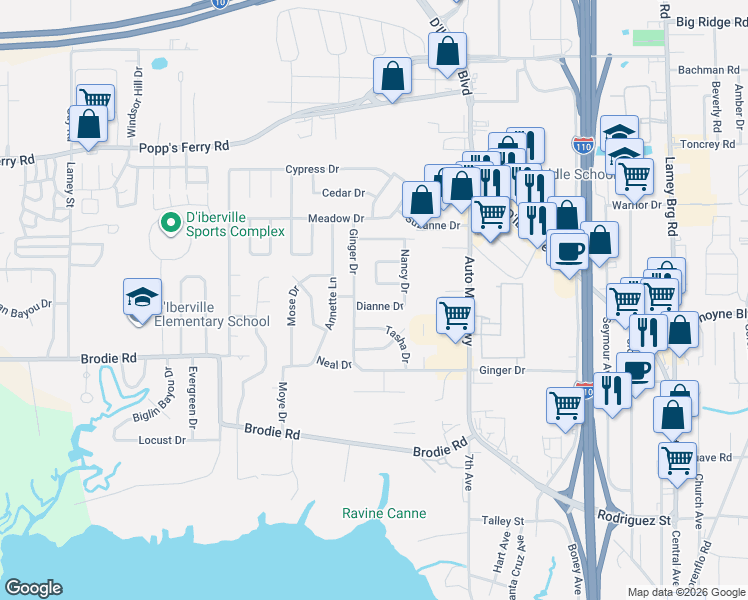 map of restaurants, bars, coffee shops, grocery stores, and more near 109 Mary Ellen Drive in D'Iberville