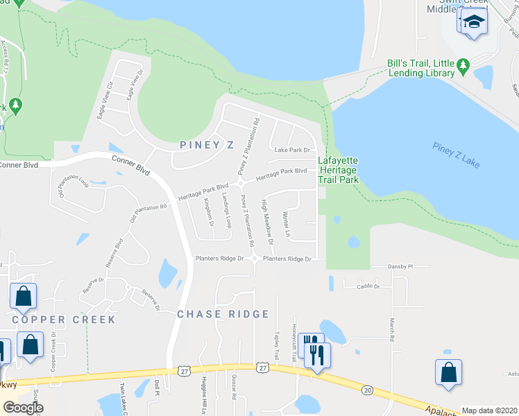 map of restaurants, bars, coffee shops, grocery stores, and more near 1102 High Meadow Drive in Tallahassee