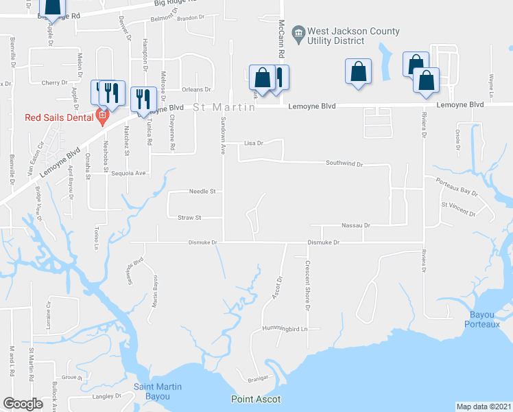 map of restaurants, bars, coffee shops, grocery stores, and more near 15300 Dismuke Drive in Biloxi
