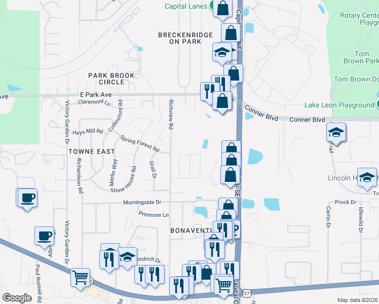 map of restaurants, bars, coffee shops, grocery stores, and more near 2918 Richview Park Circle West in Tallahassee