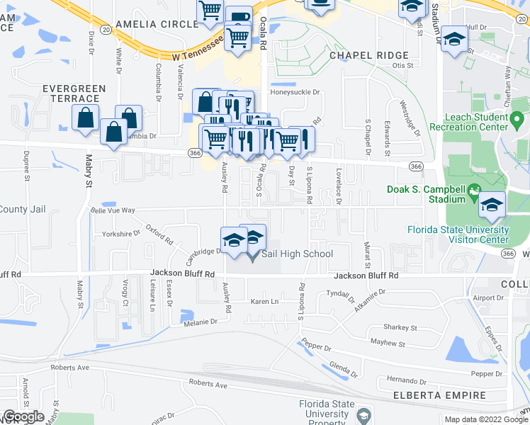 map of restaurants, bars, coffee shops, grocery stores, and more near 2001 Belle Vue Way in Tallahassee