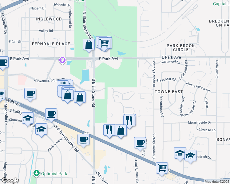 map of restaurants, bars, coffee shops, grocery stores, and more near 501 Blair Stone Road in Tallahassee