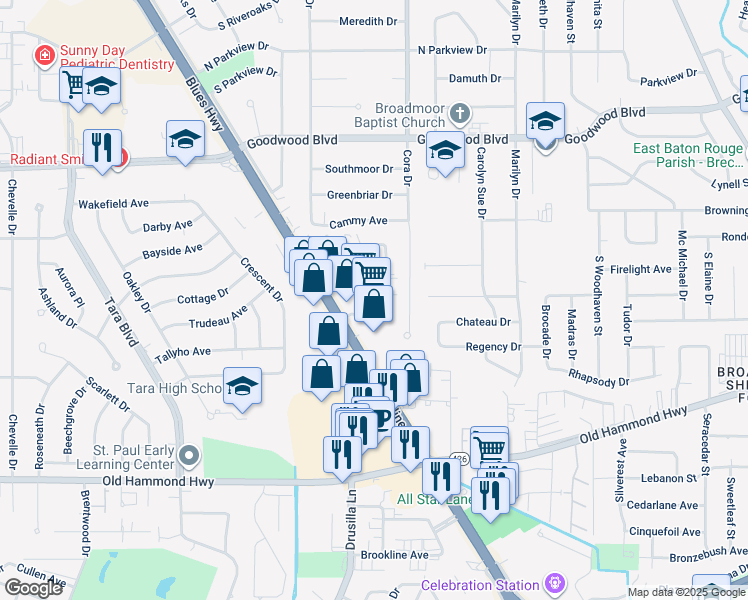 map of restaurants, bars, coffee shops, grocery stores, and more near 13 Delplaza Drive in Baton Rouge