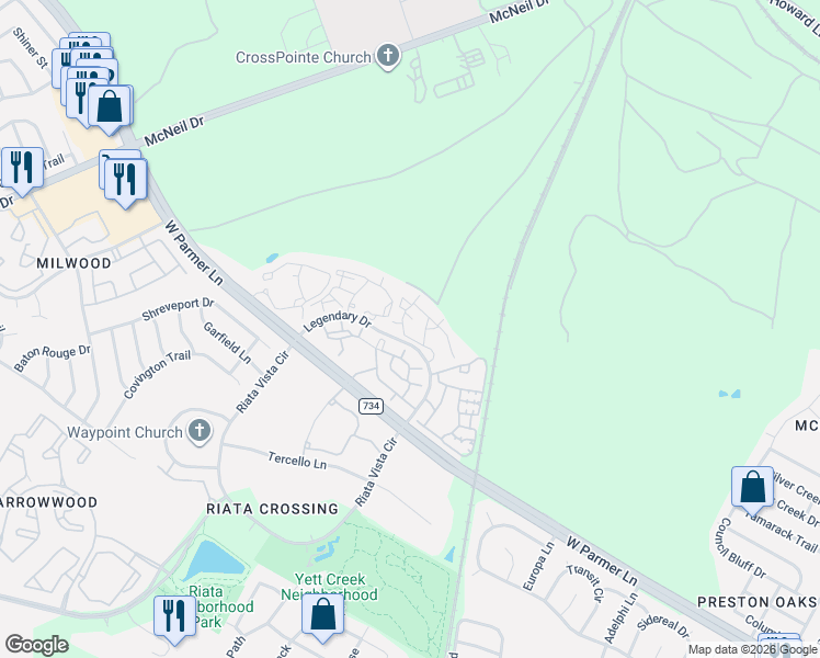 map of restaurants, bars, coffee shops, grocery stores, and more near 13201 Legendary Drive in Austin