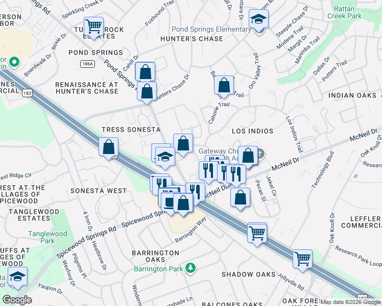map of restaurants, bars, coffee shops, grocery stores, and more near 3921 San Felipe Boulevard in Austin