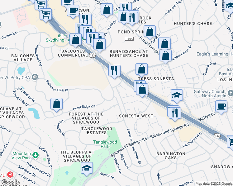 map of restaurants, bars, coffee shops, grocery stores, and more near 8607 Fathom Circle in Austin