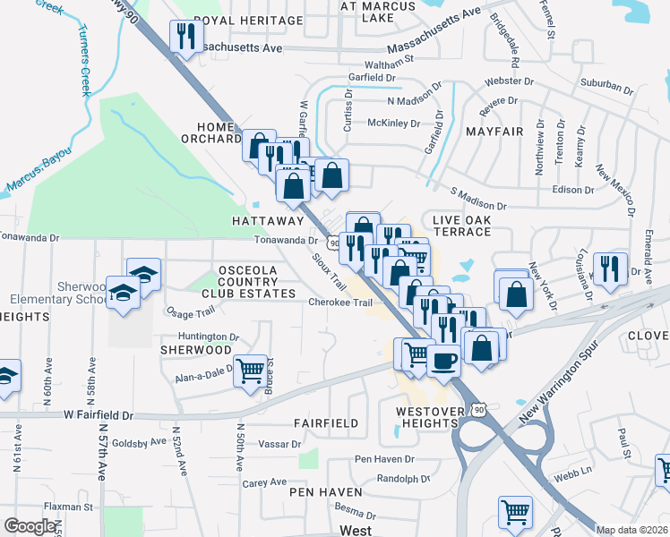 map of restaurants, bars, coffee shops, grocery stores, and more near 13 Sioux Trail in Pensacola